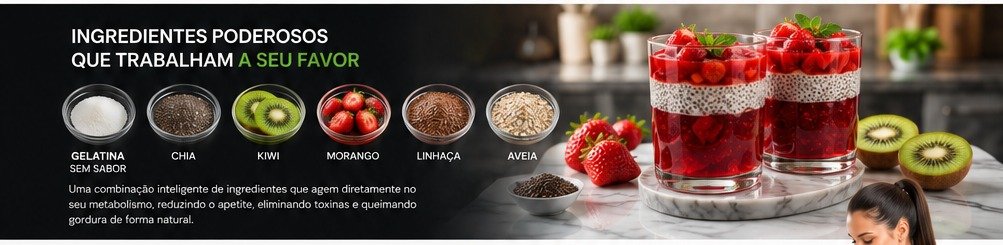 Ingredientes e gelatinas com frutas, chia, kiwi, morango e aveia